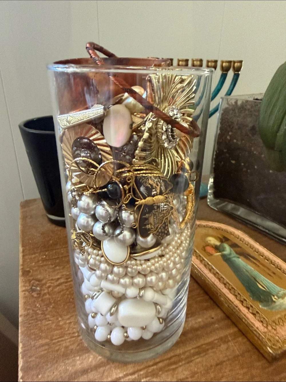 Vintage Romance Mystery Jewelry Jar – Pearls, Florals, Rhinestones & Golden Trea